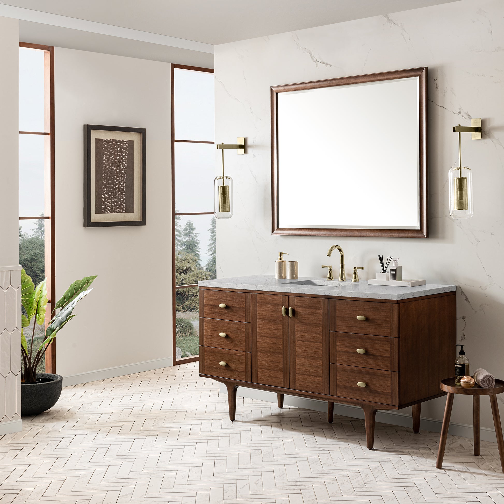 James Martin Vanities Amberly 60" Mid-Century Walnut Single Vanity With 3 cm Eternal Jasmine Pearl Top and FreePower Wireless Charger