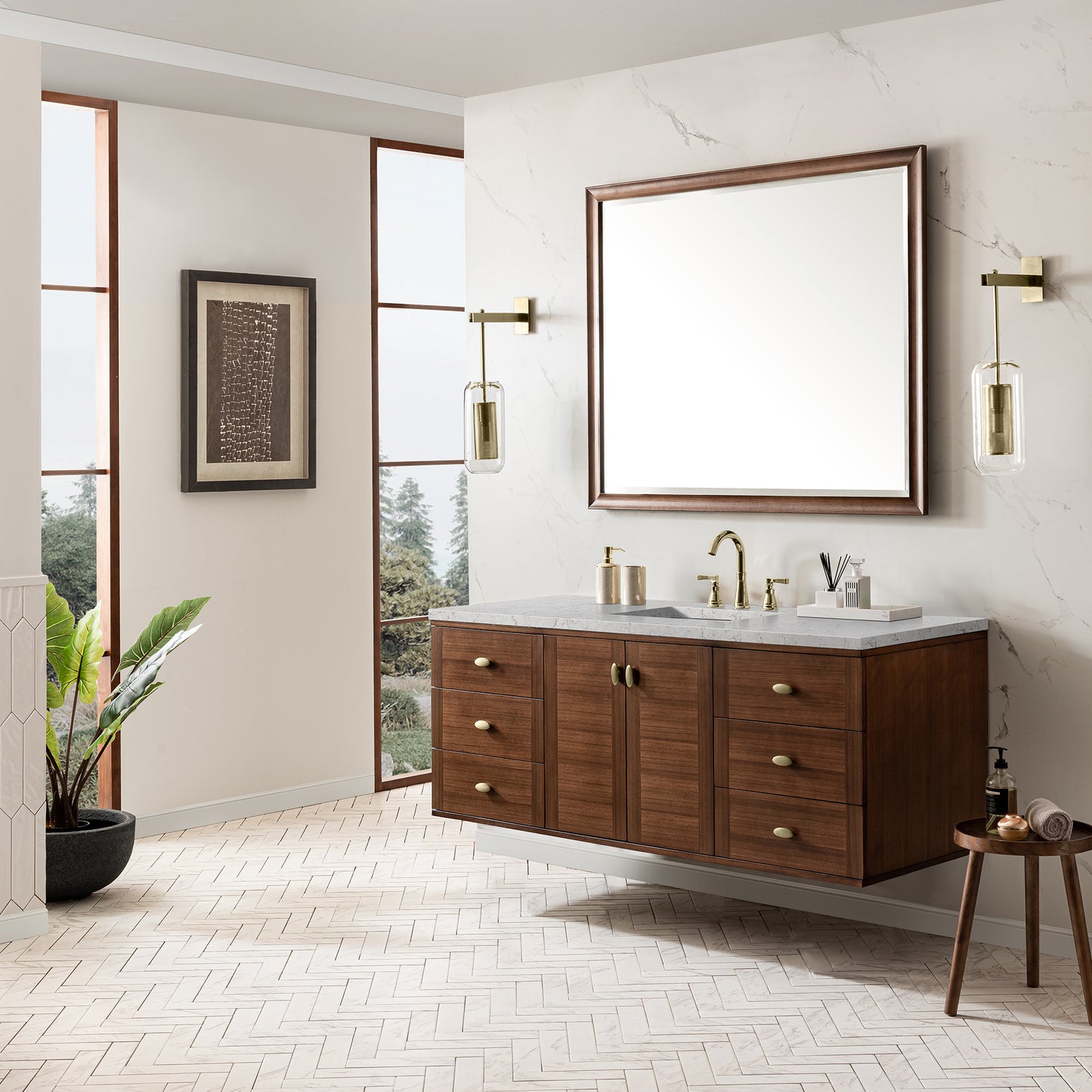 James Martin Vanities Amberly 60" Mid-Century Walnut Single Vanity With 3 cm Eternal Jasmine Pearl Top and FreePower Wireless Charger