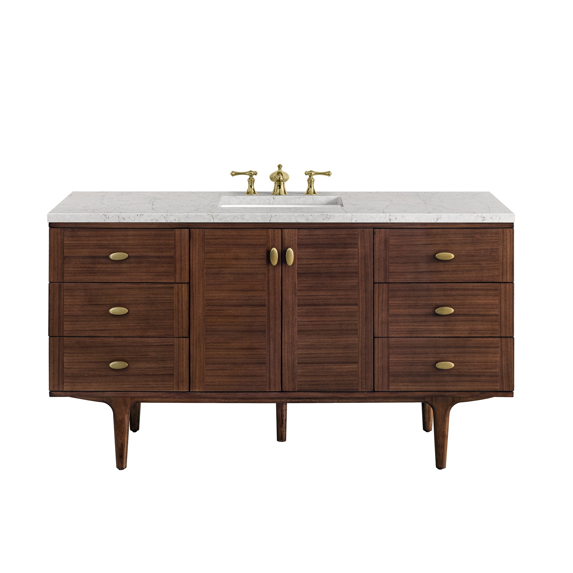 James Martin Vanities Amberly 60" Mid-Century Walnut Single Vanity With 3 cm Eternal Jasmine Pearl Top and FreePower Wireless Charger