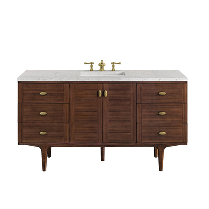 James Martin Vanities Amberly 60" Mid-Century Walnut Single Vanity With 3 cm Eternal Jasmine Pearl Top and FreePower Wireless Charger