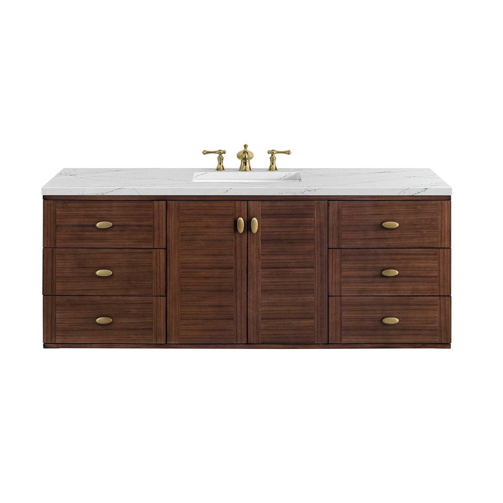 James Martin Vanities Amberly 60" Mid-Century Walnut Single Vanity With 3 cm Ethereal Noctis Top and FreePower Wireless Charger