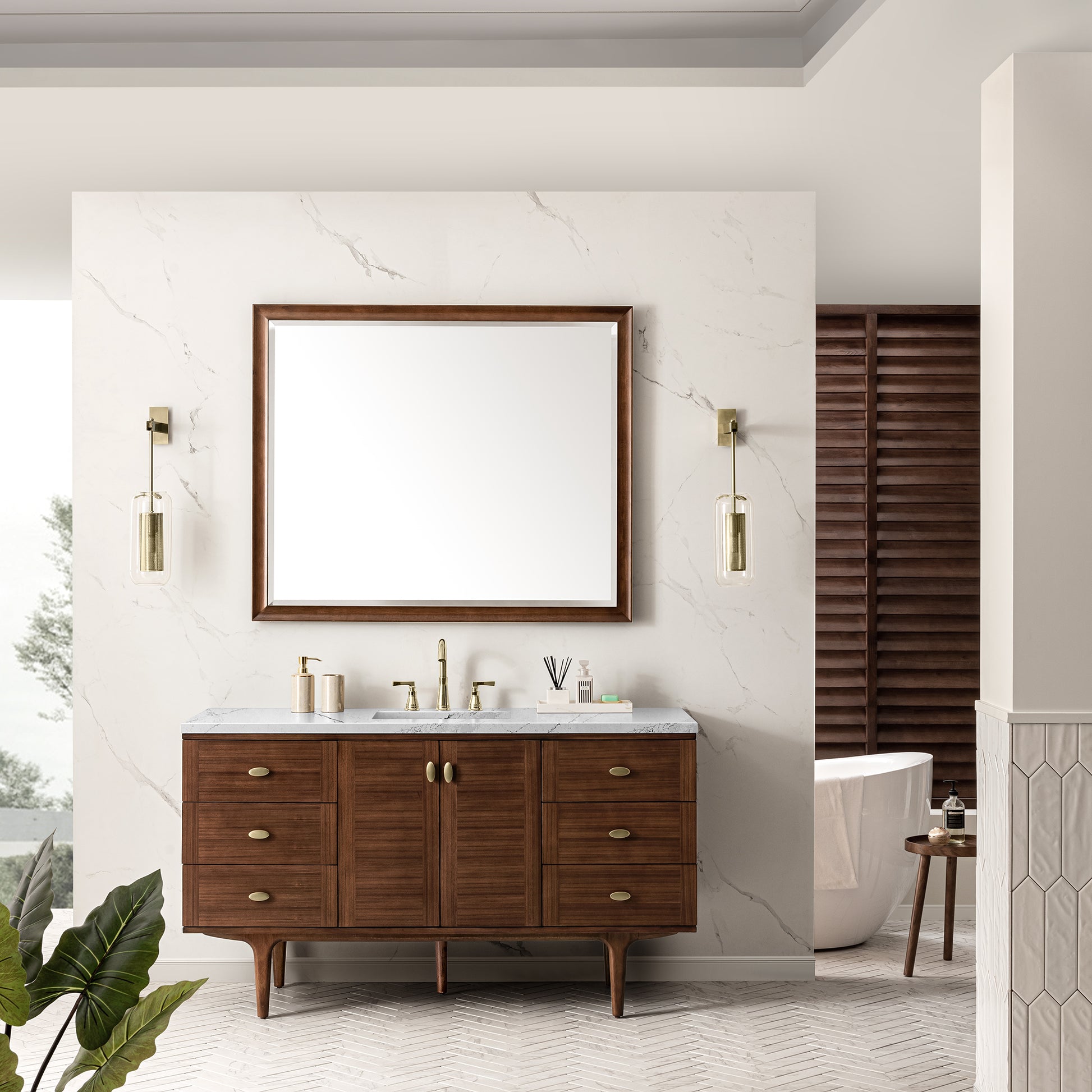 James Martin Vanities Amberly 60" Mid-Century Walnut Single Vanity With 3 cm Ethereal Noctis Top and FreePower Wireless Charger