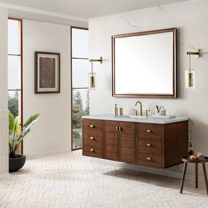 James Martin Vanities Amberly 60" Mid-Century Walnut Single Vanity With 3 cm Ethereal Noctis Top and FreePower Wireless Charger