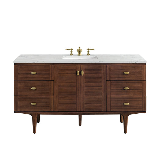 James Martin Vanities Amberly 60" Mid-Century Walnut Single Vanity With 3 cm Ethereal Noctis Top and FreePower Wireless Charger