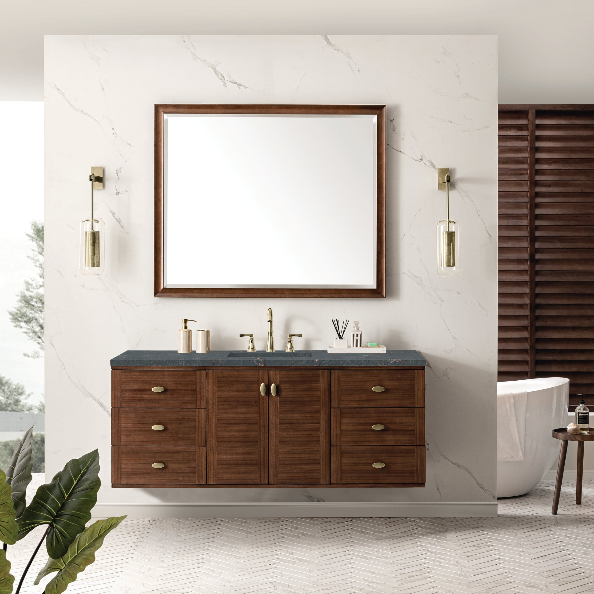 James Martin Vanities Amberly 60" Mid-Century Walnut Single Vanity With 3 cm Parisien Bleu Top