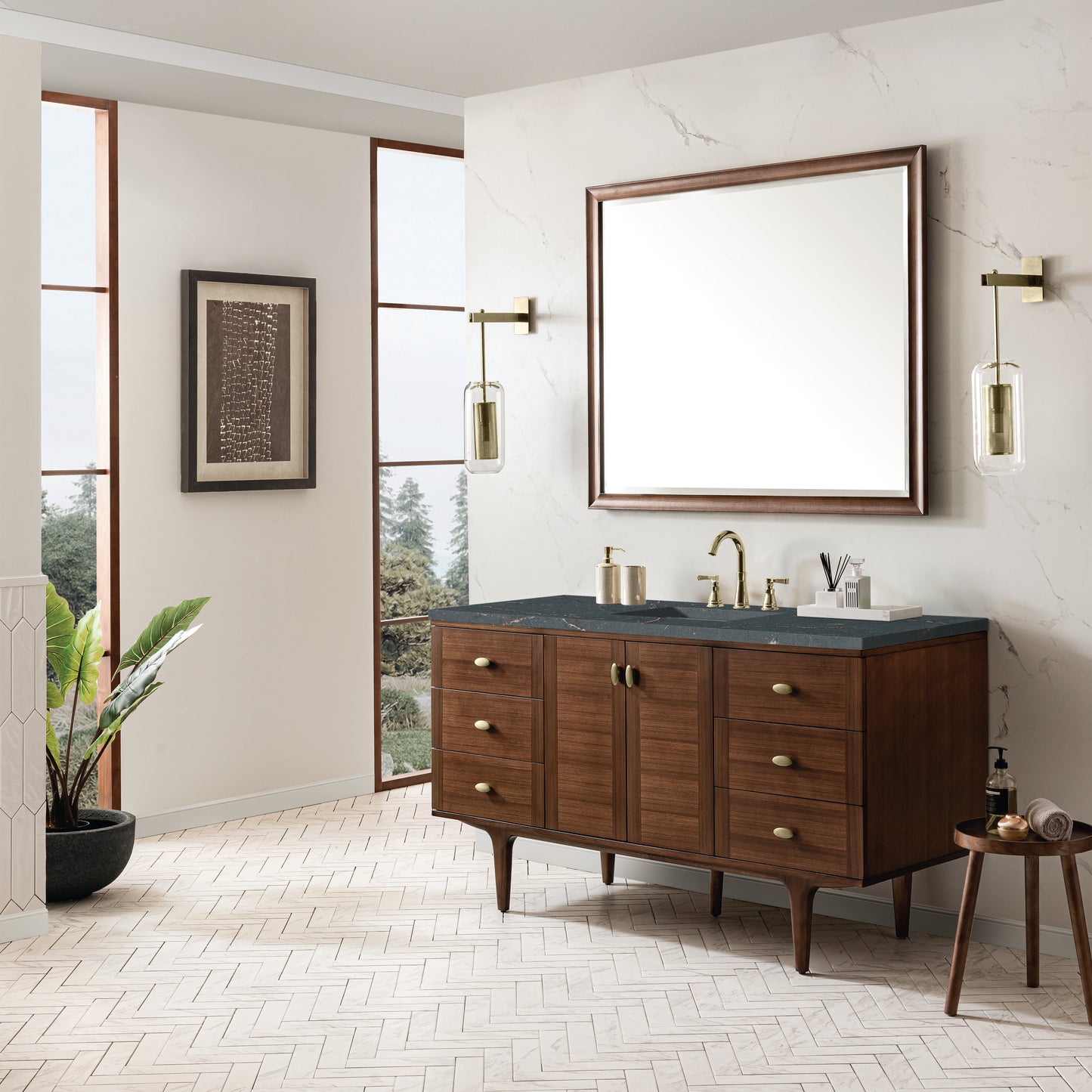 James Martin Vanities Amberly 60" Mid-Century Walnut Single Vanity With 3 cm Parisien Bleu Top