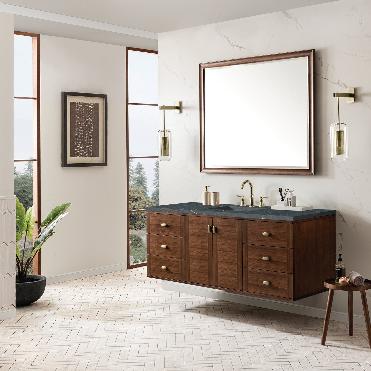 James Martin Vanities Amberly 60" Mid-Century Walnut Single Vanity With 3 cm Parisien Bleu Top