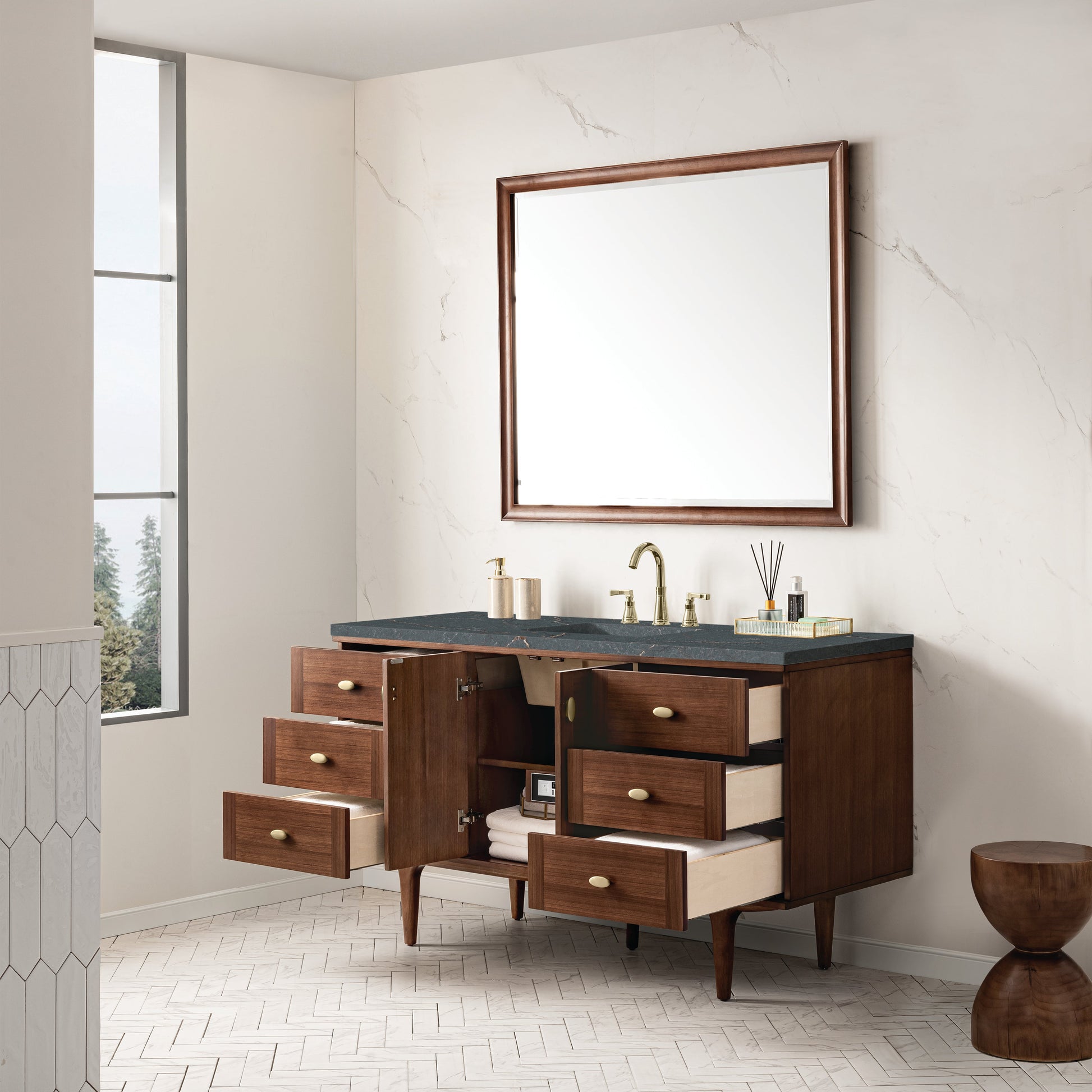 James Martin Vanities Amberly 60" Mid-Century Walnut Single Vanity With 3 cm Parisien Bleu Top