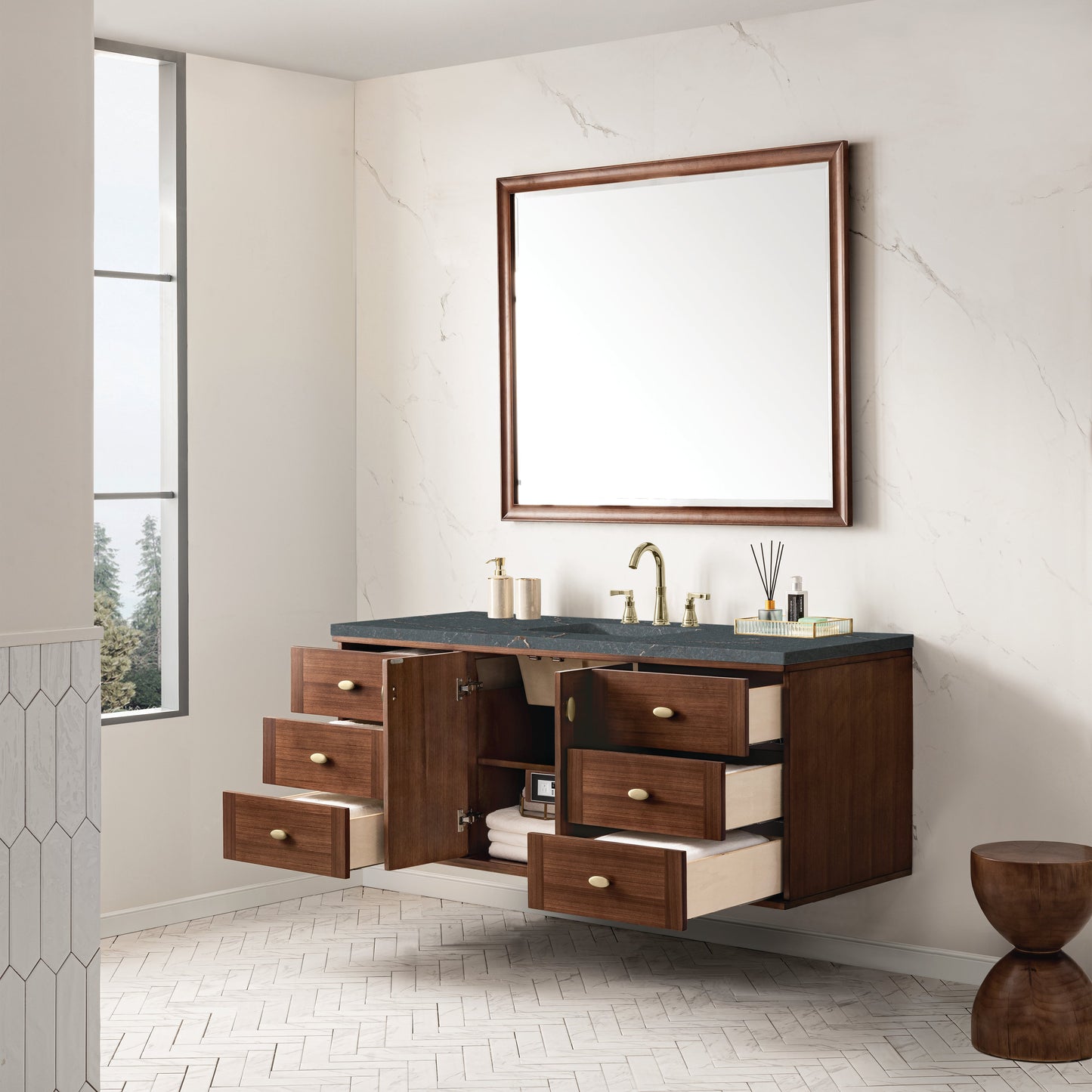 James Martin Vanities Amberly 60" Mid-Century Walnut Single Vanity With 3 cm Parisien Bleu Top