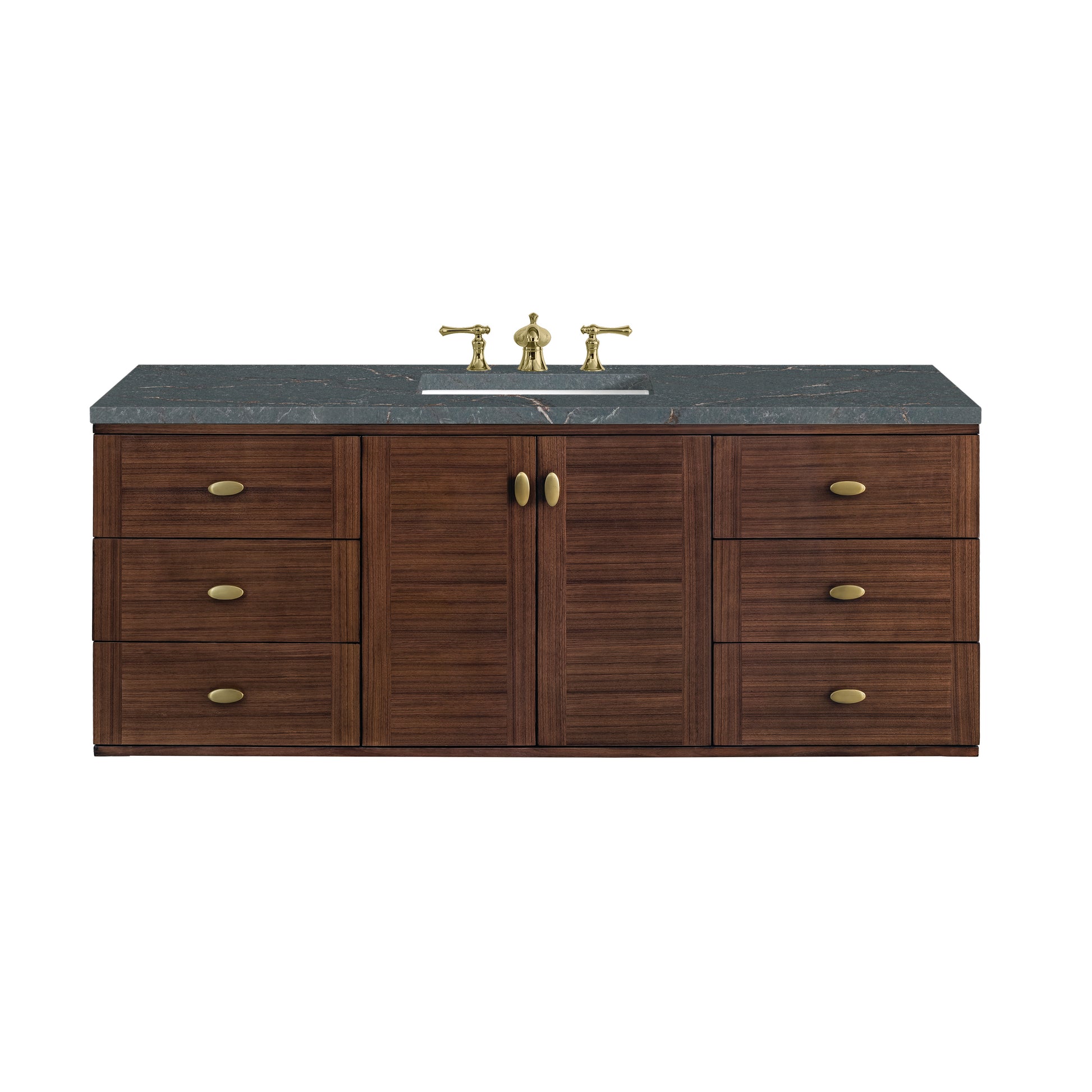 James Martin Vanities Amberly 60" Mid-Century Walnut Single Vanity With 3 cm Parisien Bleu Top and FreePower Wireless Charger