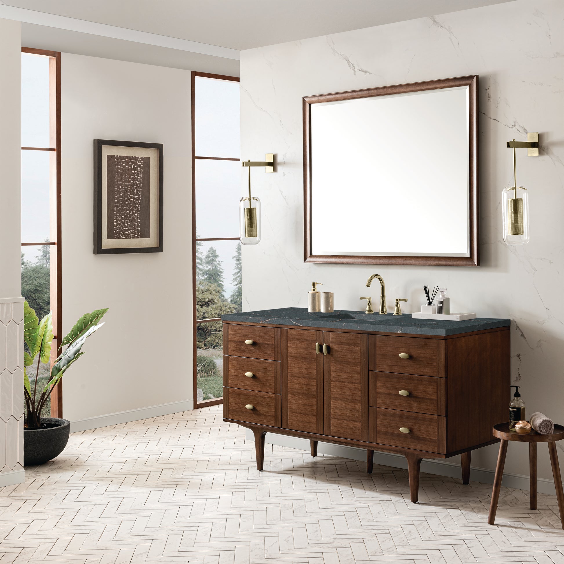 James Martin Vanities Amberly 60" Mid-Century Walnut Single Vanity With 3 cm Parisien Bleu Top and FreePower Wireless Charger