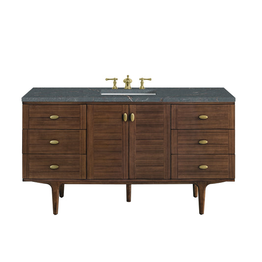 James Martin Vanities Amberly 60" Mid-Century Walnut Single Vanity With 3 cm Parisien Bleu Top