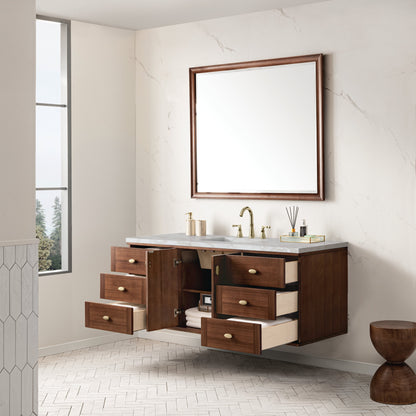 James Martin Vanities Amberly 60" Mid-Century Walnut Single Vanity With 3 cm Victorian Silver Top