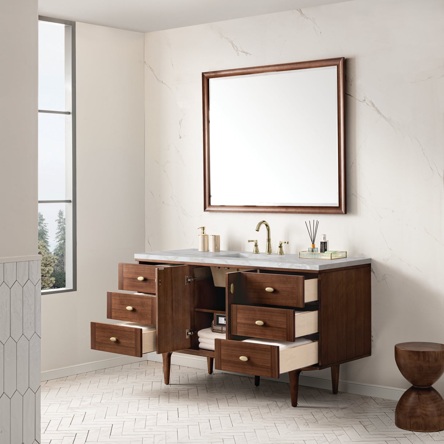 James Martin Vanities Amberly 60" Mid-Century Walnut Single Vanity With 3 cm Victorian Silver Top and FreePower Wireless Charger