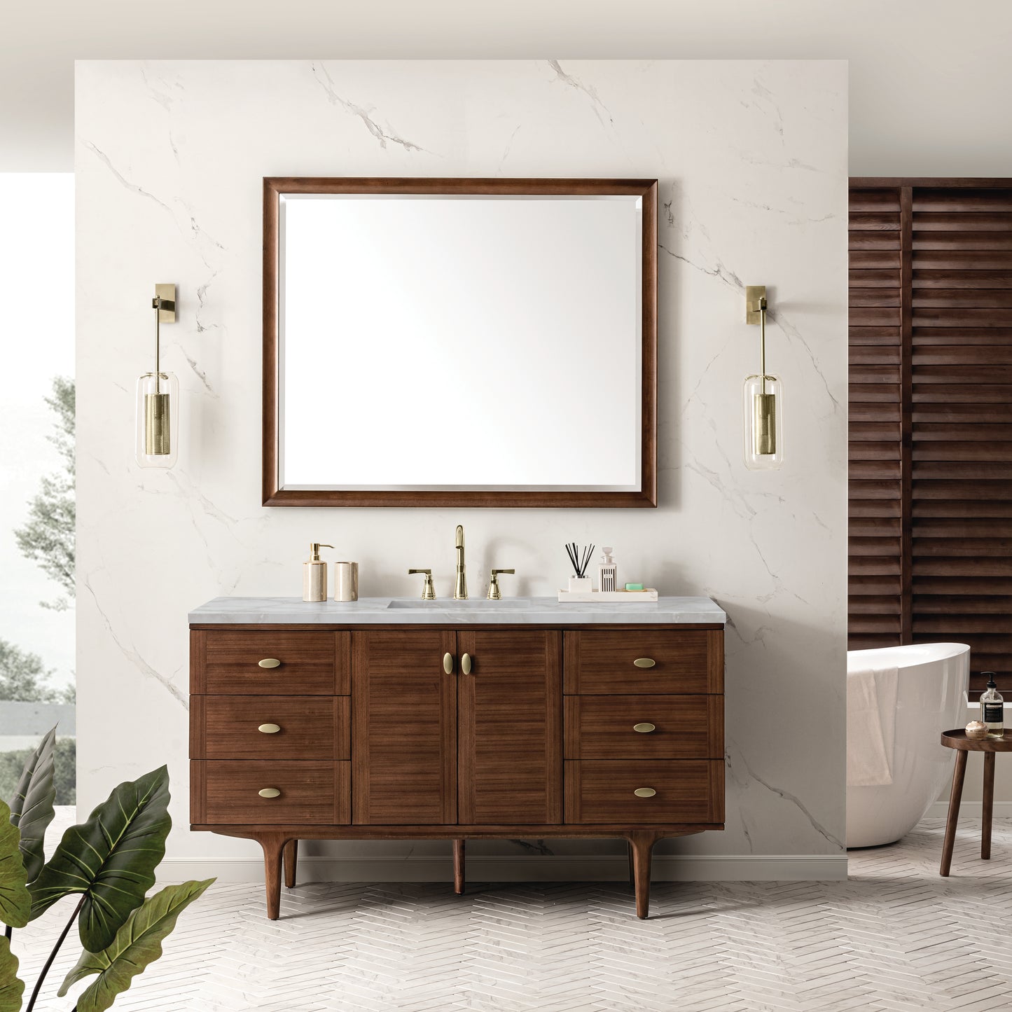 James Martin Vanities Amberly 60" Mid-Century Walnut Single Vanity With 3 cm Victorian Silver Top and FreePower Wireless Charger