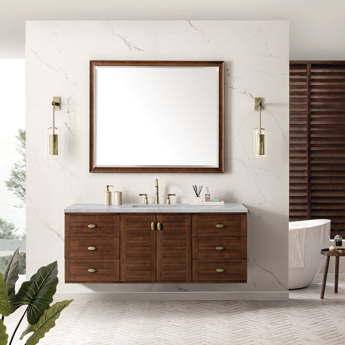 James Martin Vanities Amberly 60" Mid-Century Walnut Single Vanity With 3 cm Victorian Silver Top and FreePower Wireless Charger