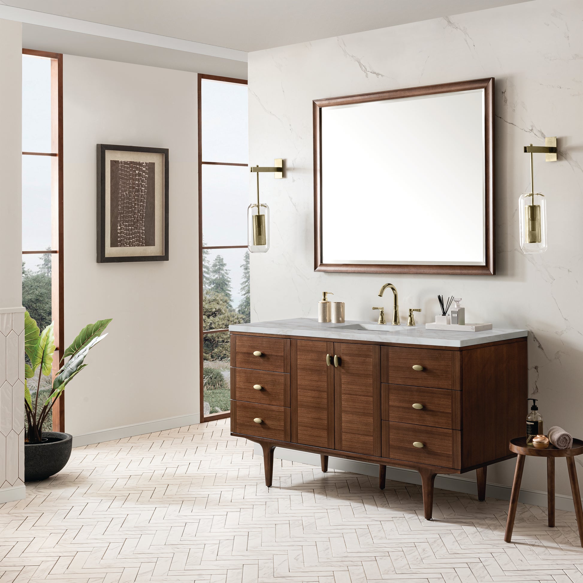James Martin Vanities Amberly 60" Mid-Century Walnut Single Vanity With 3 cm Victorian Silver Top and FreePower Wireless Charger