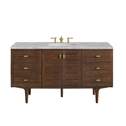 James Martin Vanities Amberly 60" Mid-Century Walnut Single Vanity With 3 cm Victorian Silver Top and FreePower Wireless Charger