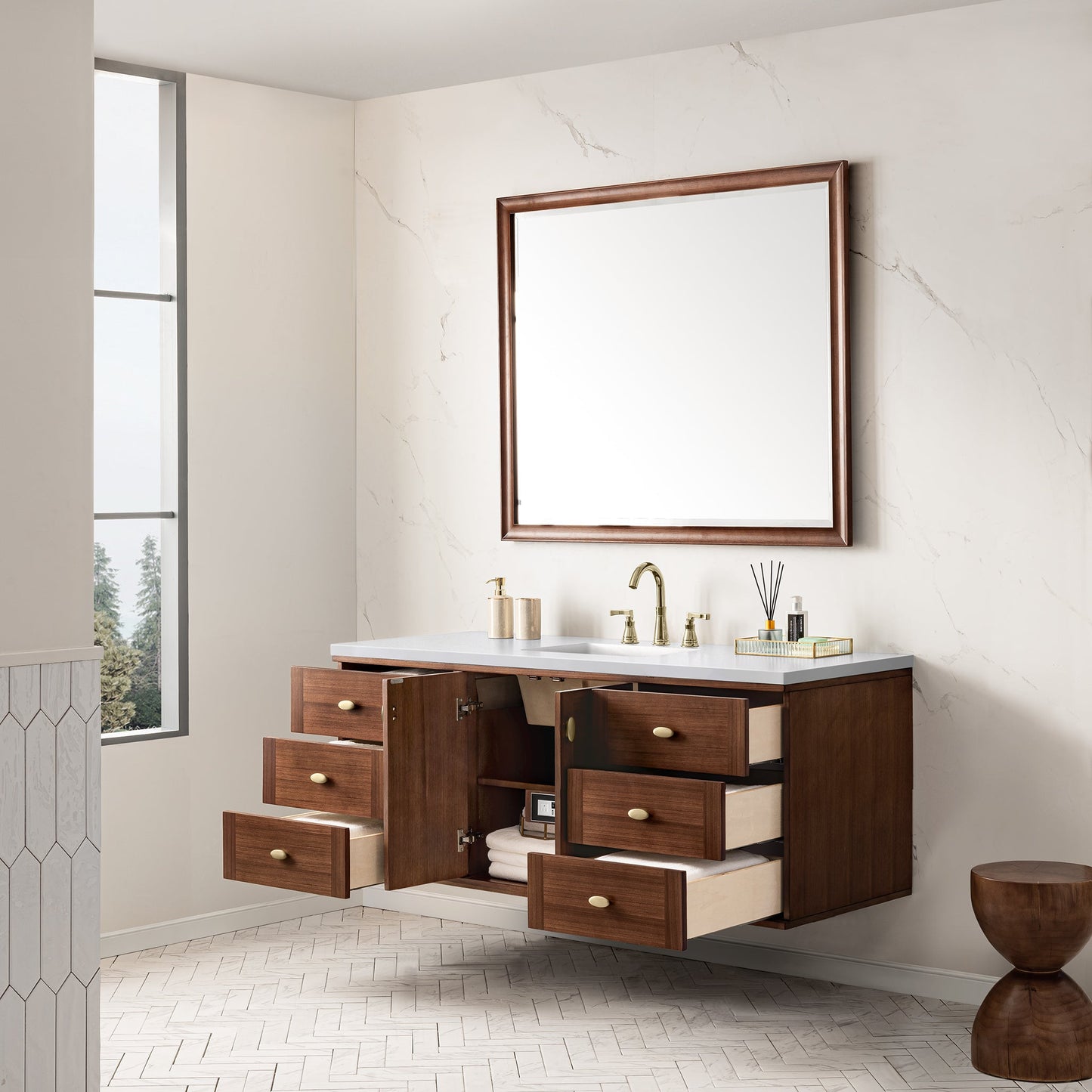 James Martin Vanities Amberly 60" Mid-Century Walnut Single Vanity With 3 cm White Zeus Top