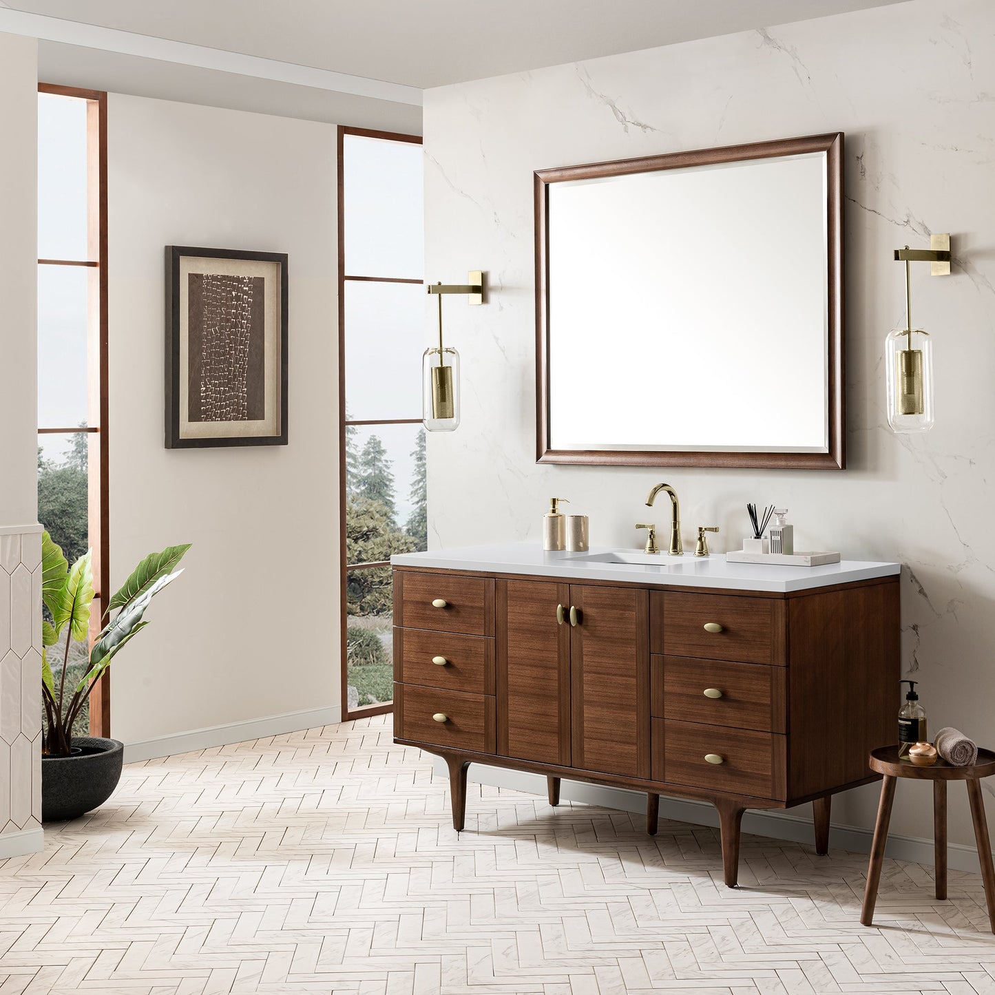 James Martin Vanities Amberly 60" Mid-Century Walnut Single Vanity With 3 cm White Zeus Top