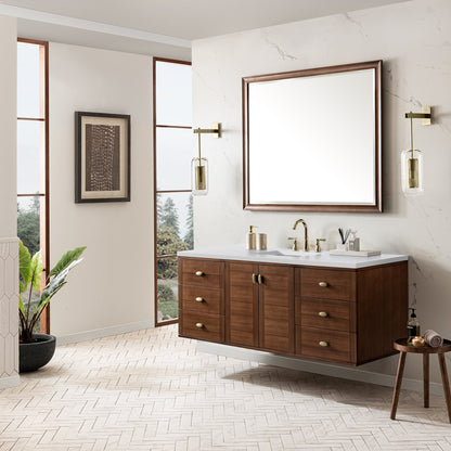 James Martin Vanities Amberly 60" Mid-Century Walnut Single Vanity With 3 cm White Zeus Top