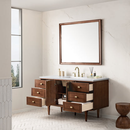 James Martin Vanities Amberly 60" Mid-Century Walnut Single Vanity With 3 cm White Zeus Top