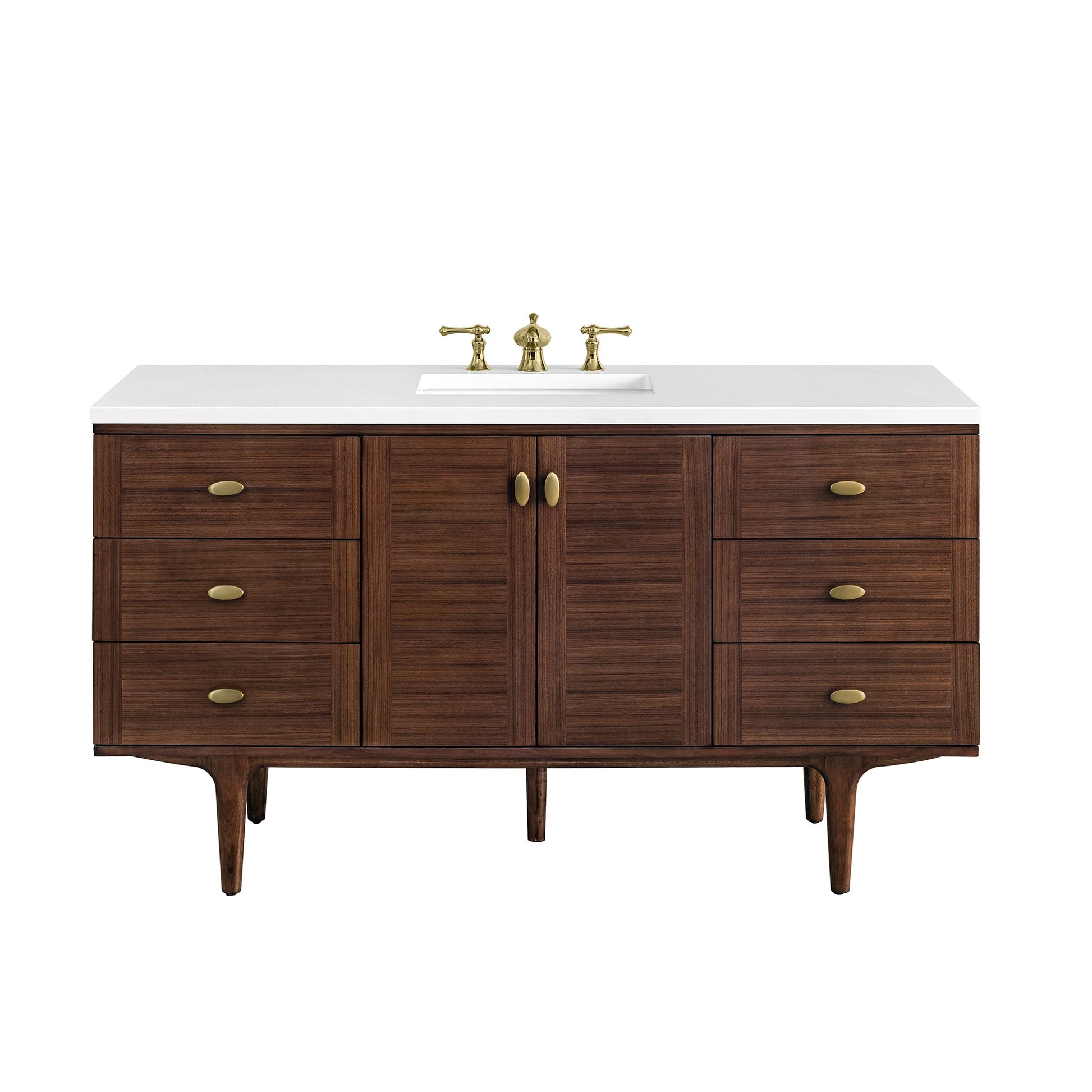 James Martin Vanities Amberly 60" Mid-Century Walnut Single Vanity With 3 cm White Zeus Top