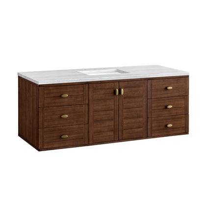 James Martin Vanities Amberly 60" Mid-Century Walnut Single Vanity With 3cm Arctic Fall Top