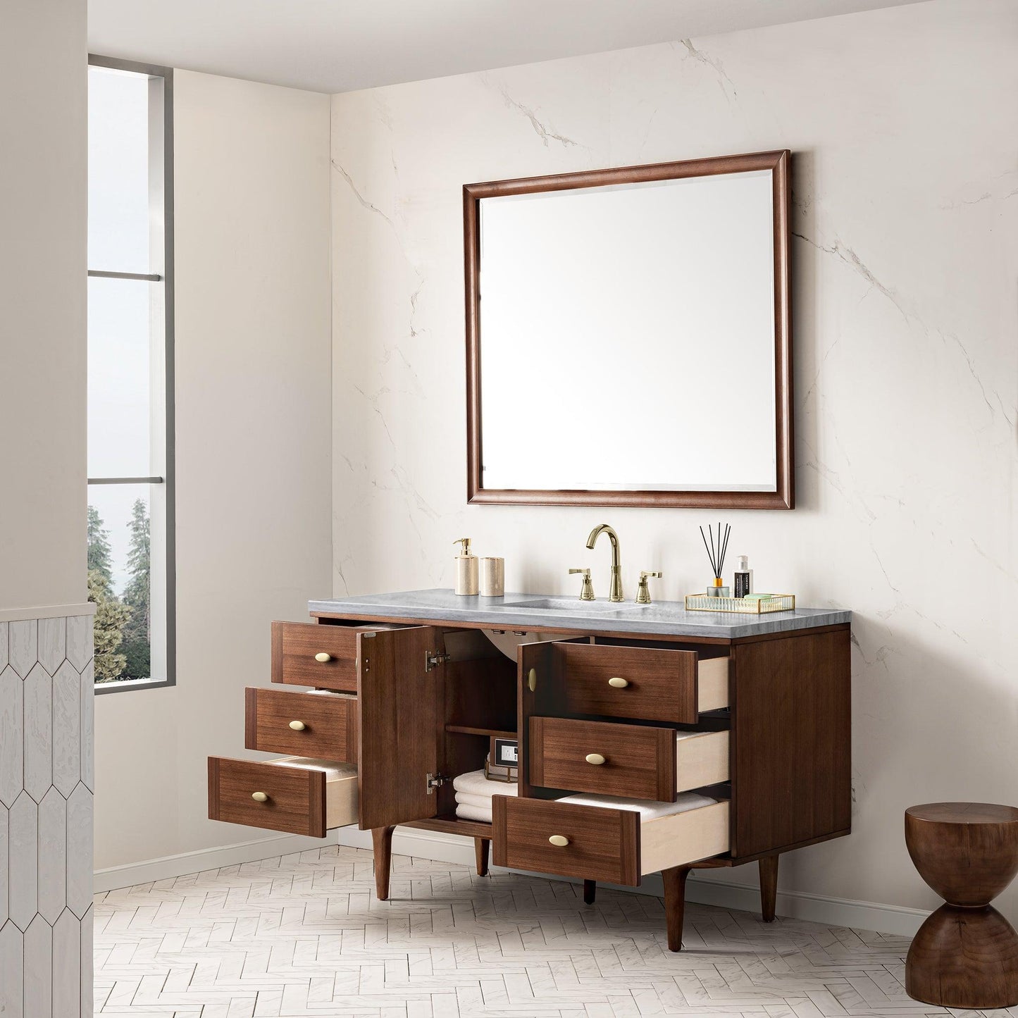 James Martin Vanities Amberly 60" Mid-Century Walnut Single Vanity With 3cm Arctic Fall Top