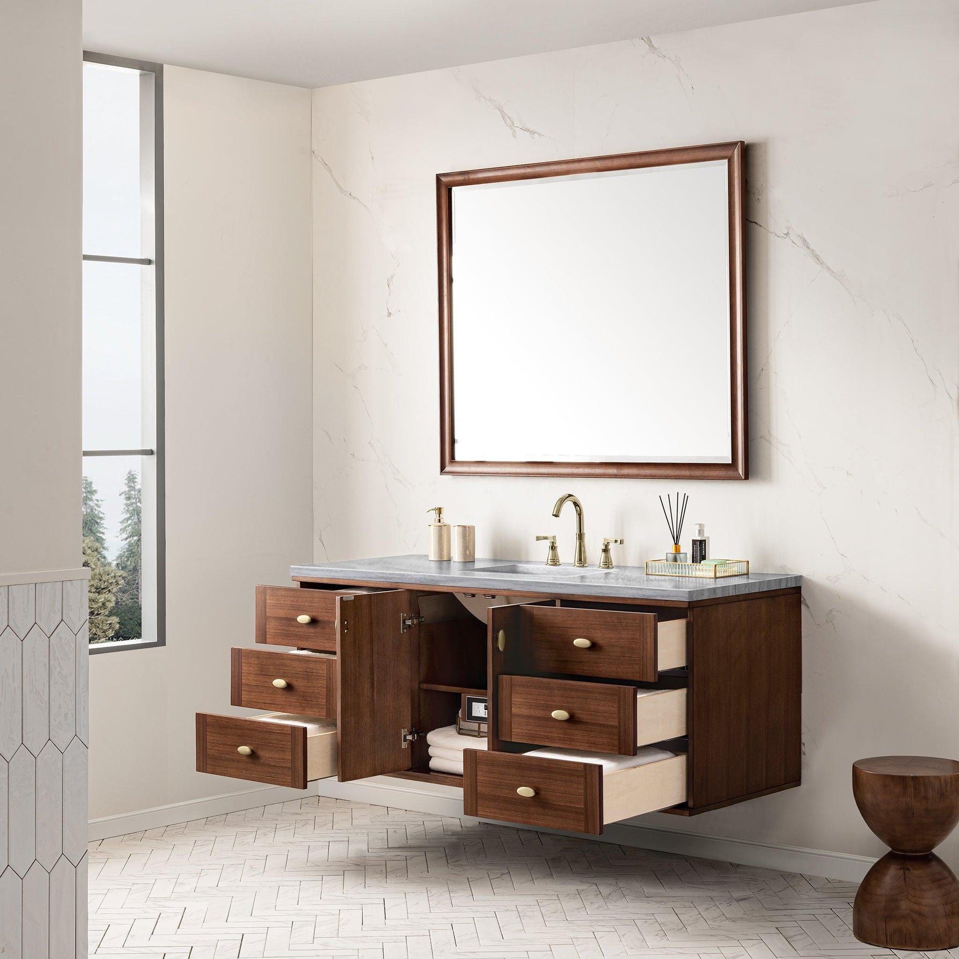 James Martin Vanities Amberly 60" Mid-Century Walnut Single Vanity With 3cm Arctic Fall Top