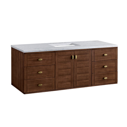 James Martin Vanities Amberly 60" Mid-Century Walnut Single Vanity With 3cm Carrara Marble Top