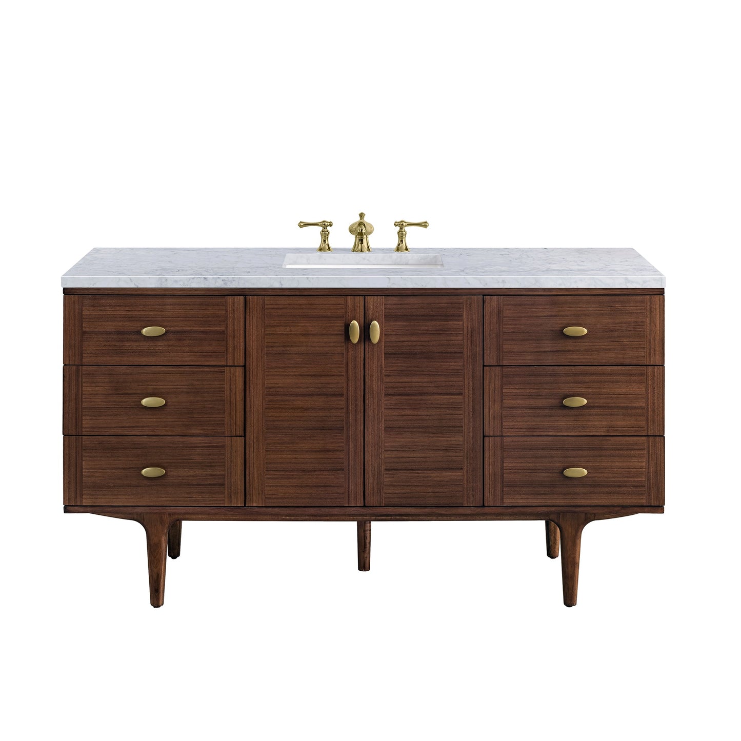 James Martin Vanities Amberly 60" Mid-Century Walnut Single Vanity With 3cm Carrara Marble Top