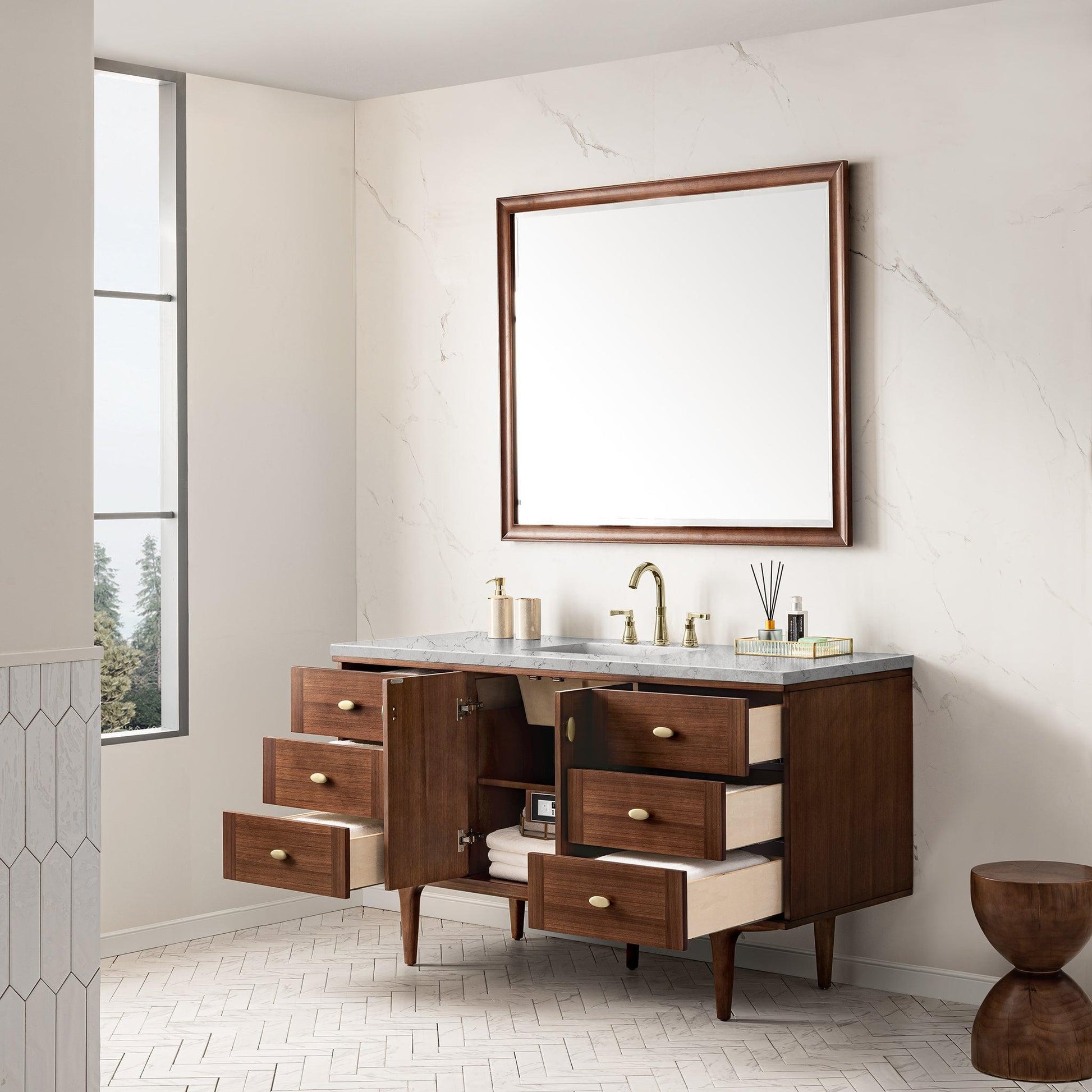 James Martin Vanities Amberly 60" Mid-Century Walnut Single Vanity With 3cm Eternal Jasmine Pearl Top