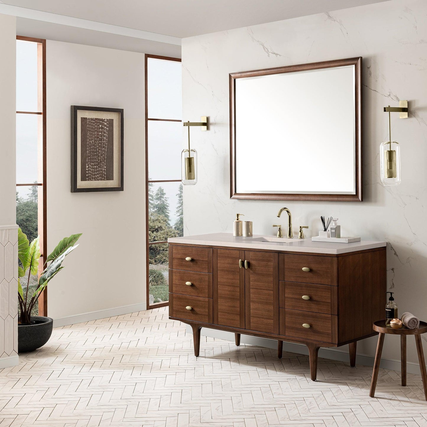 James Martin Vanities Amberly 60" Mid-Century Walnut Single Vanity With 3cm Eternal Marfil Top