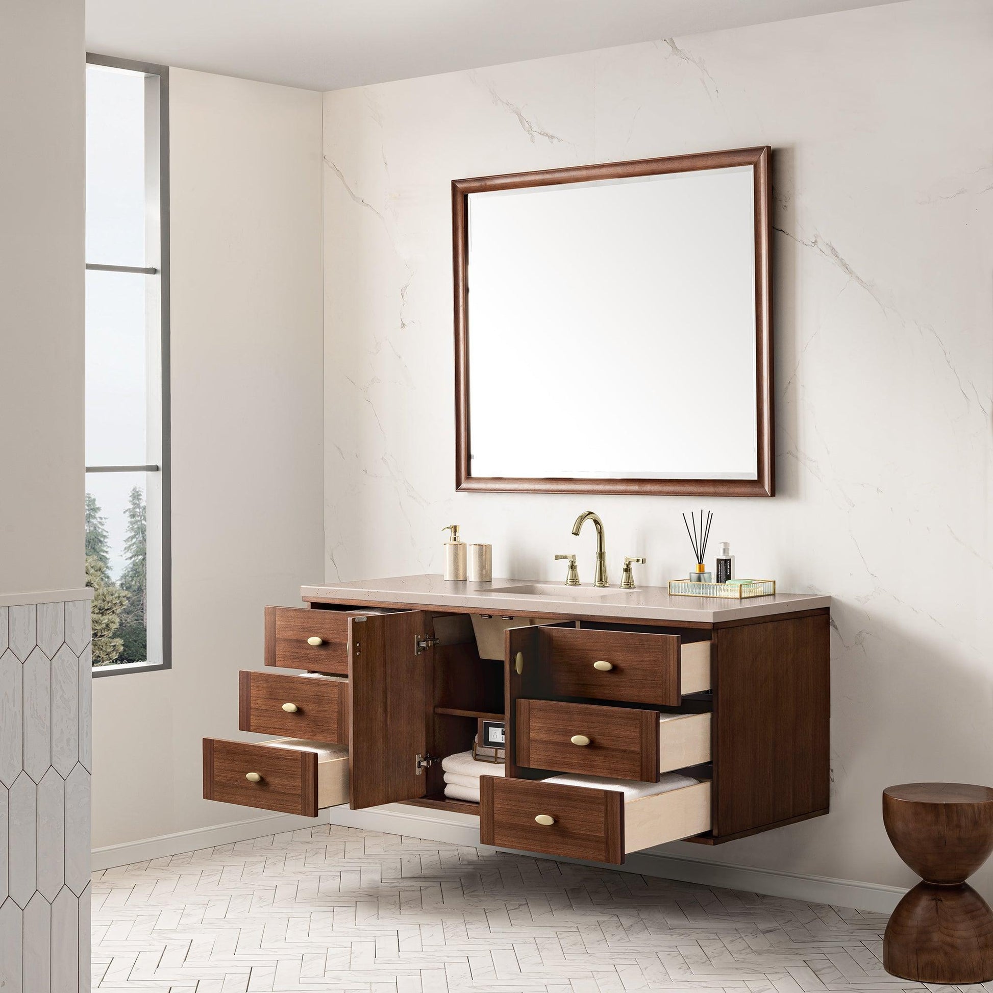 James Martin Vanities Amberly 60" Mid-Century Walnut Single Vanity With 3cm Eternal Marfil Top