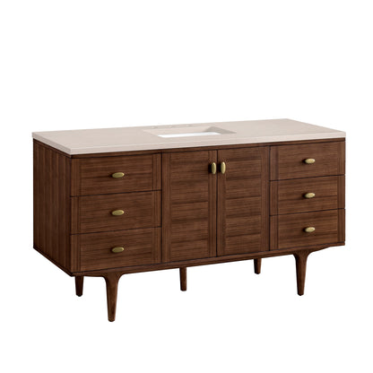 James Martin Vanities Amberly 60" Mid-Century Walnut Single Vanity With 3cm Eternal Marfil Top