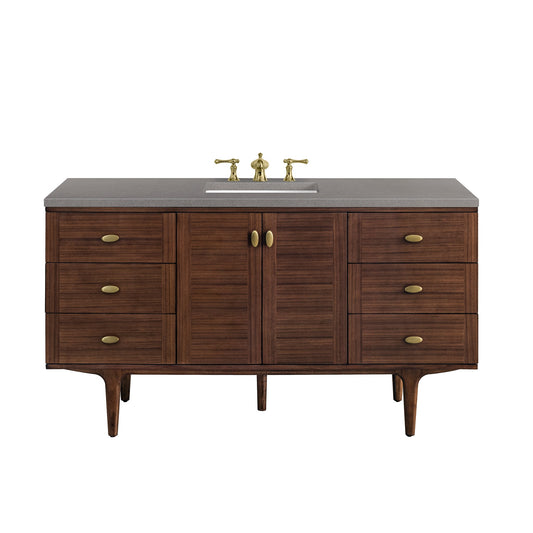 James Martin Vanities Amberly 60" Mid-Century Walnut Single Vanity With 3cm Grey Expo Top