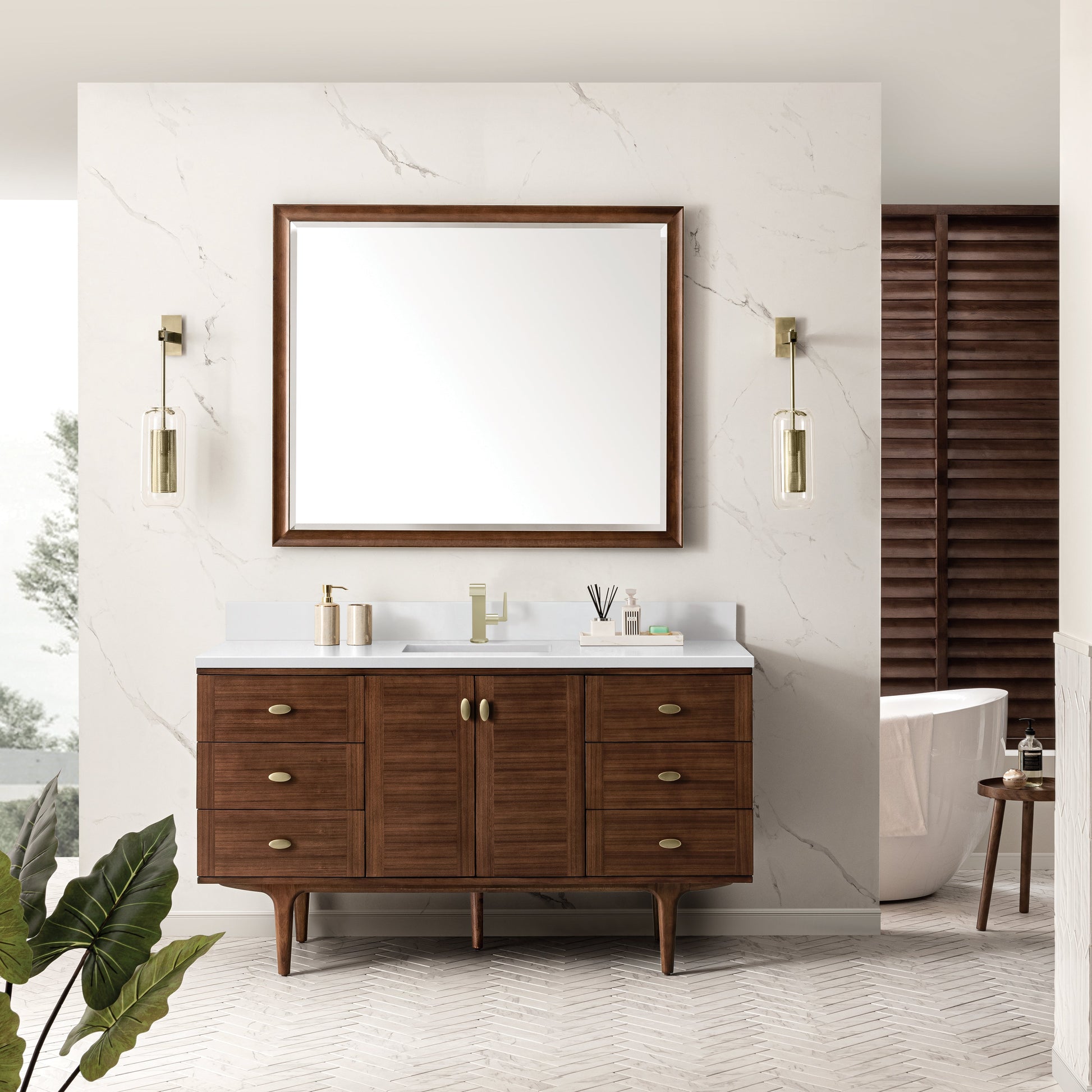 James Martin Vanities Amberly 60" Mid-Century Walnut Single Vanity With Single Hole 3 cm White Zeus Top & Backsplash