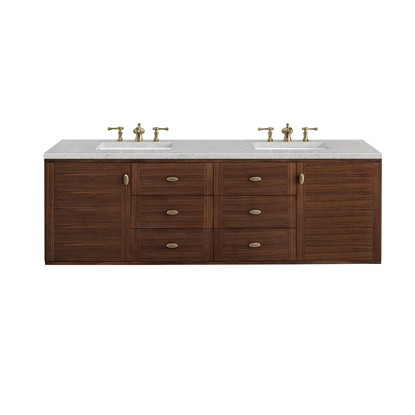James Martin Vanities Amberly 72" Mid-Century Walnut Double Vanity With 3 cm Eternal Jasmine Pearl Top and FreePower Wireless Charger