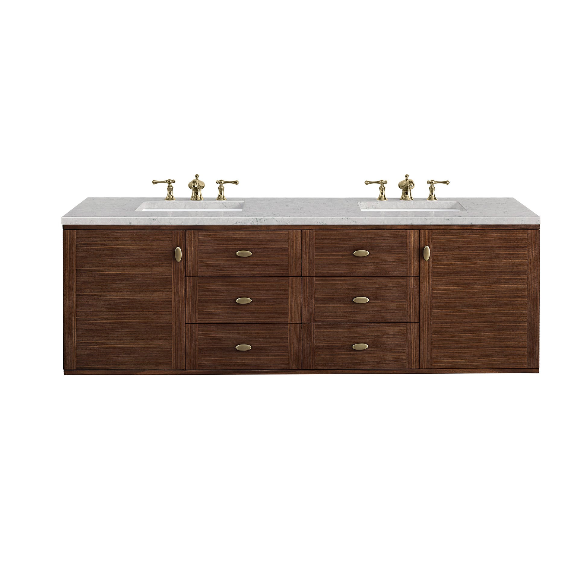James Martin Vanities Amberly 72" Mid-Century Walnut Double Vanity With 3 cm Eternal Jasmine Pearl Top and FreePower Wireless Charger