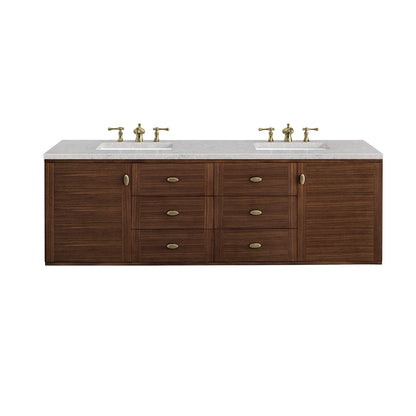 James Martin Vanities Amberly 72" Mid-Century Walnut Double Vanity With 3 cm Eternal Jasmine Pearl Top and FreePower Wireless Charger