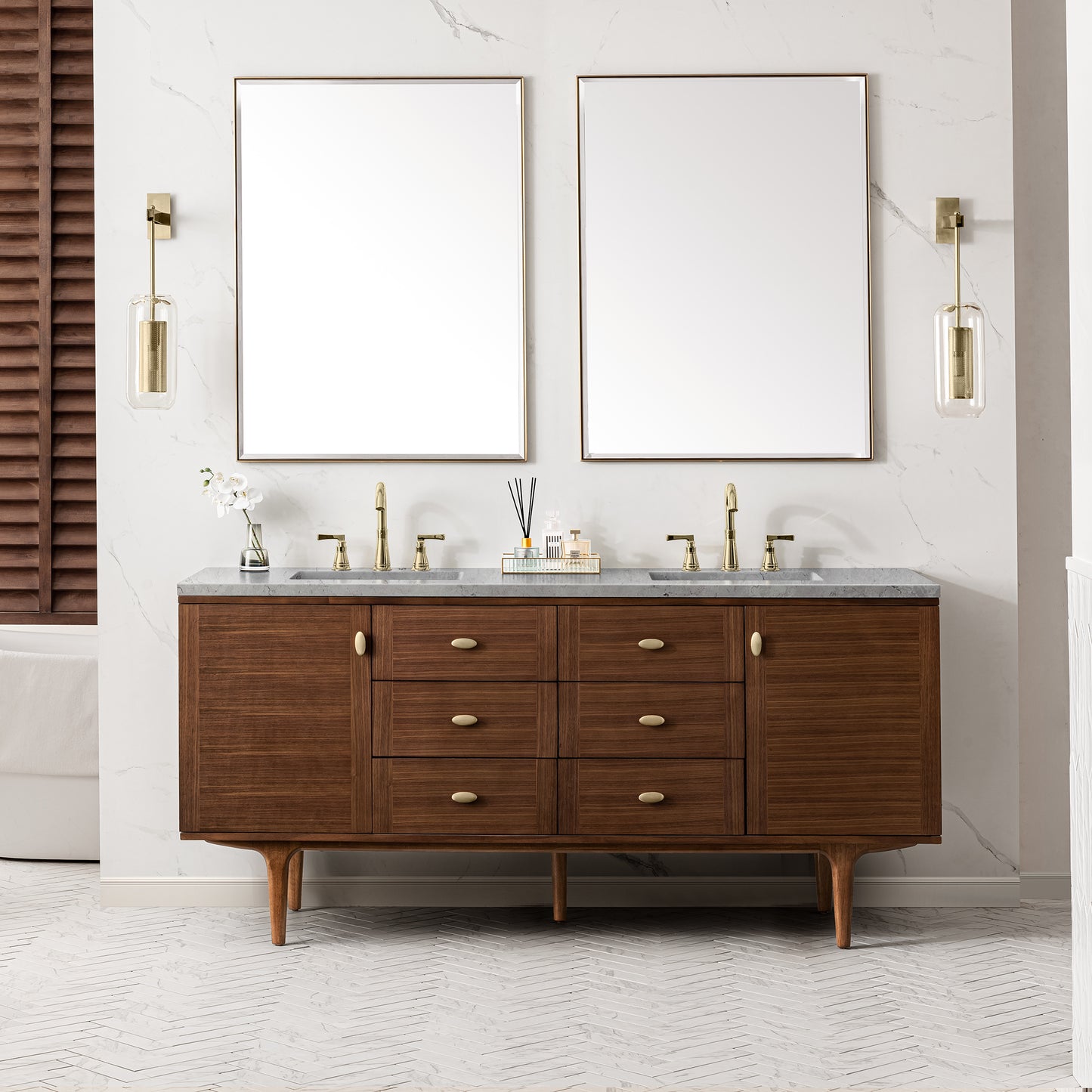James Martin Vanities Amberly 72" Mid-Century Walnut Double Vanity With 3 cm Eternal Jasmine Pearl Top and FreePower Wireless Charger