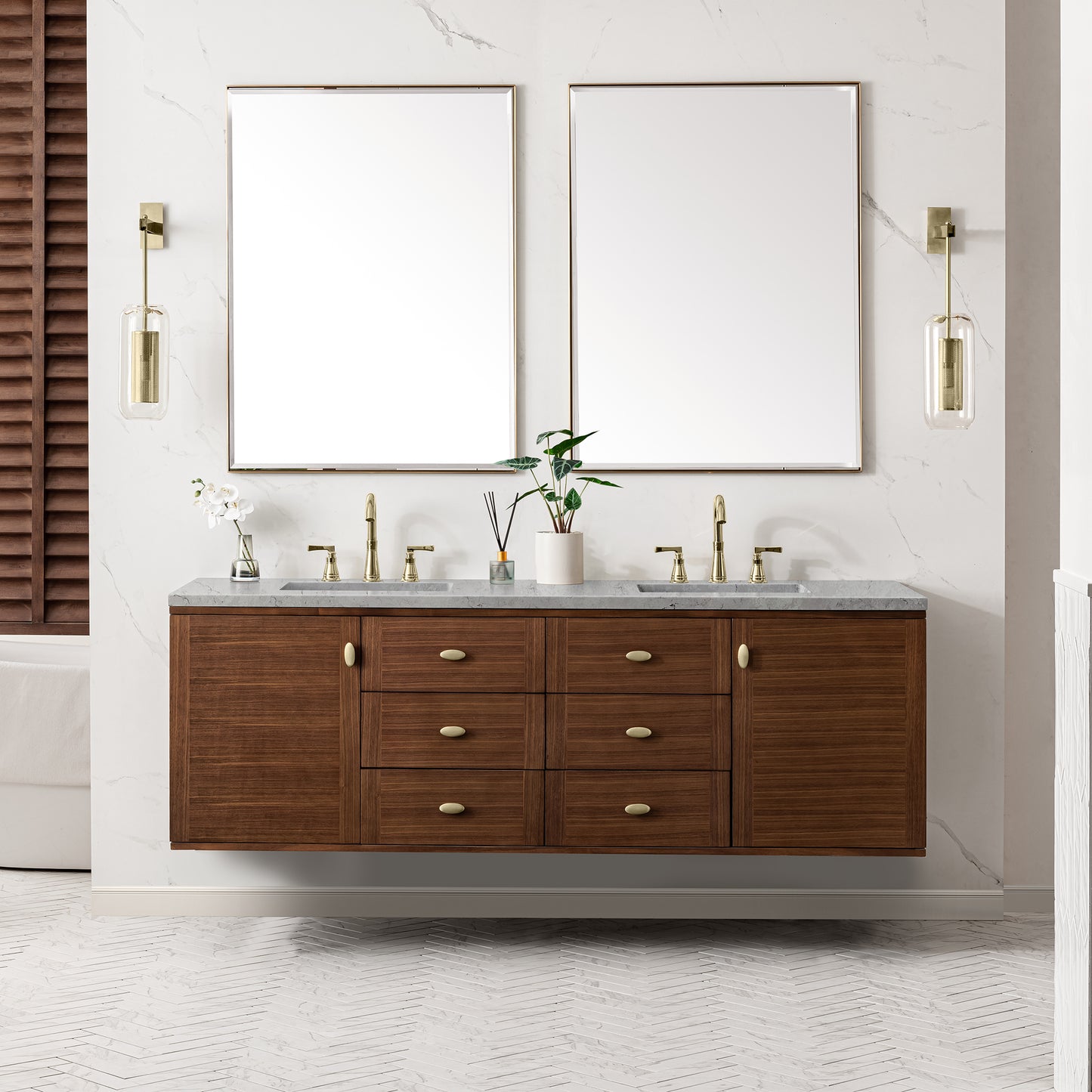 James Martin Vanities Amberly 72" Mid-Century Walnut Double Vanity With 3 cm Eternal Jasmine Pearl Top and FreePower Wireless Charger