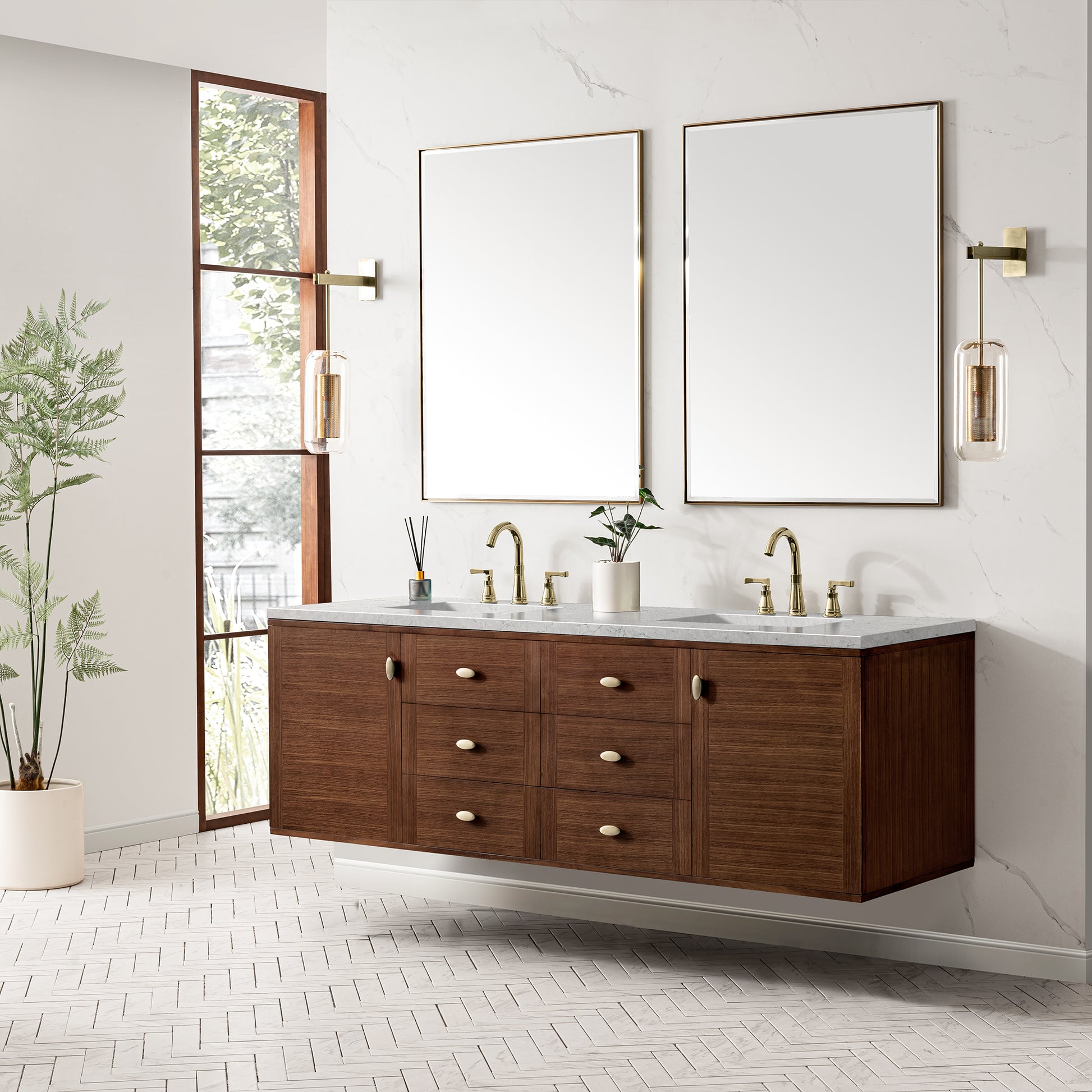 James Martin Vanities Amberly 72" Mid-Century Walnut Double Vanity With 3 cm Eternal Jasmine Pearl Top and FreePower Wireless Charger