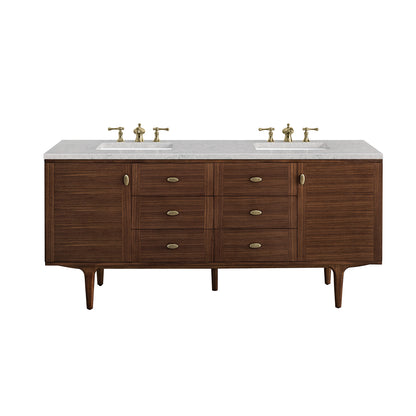 James Martin Vanities Amberly 72" Mid-Century Walnut Double Vanity With 3 cm Eternal Jasmine Pearl Top and FreePower Wireless Charger