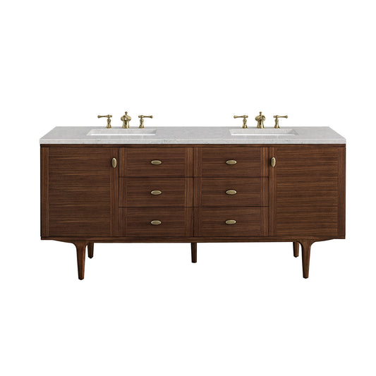 James Martin Vanities Amberly 72" Mid-Century Walnut Double Vanity With 3 cm Eternal Jasmine Pearl Top and FreePower Wireless Charger