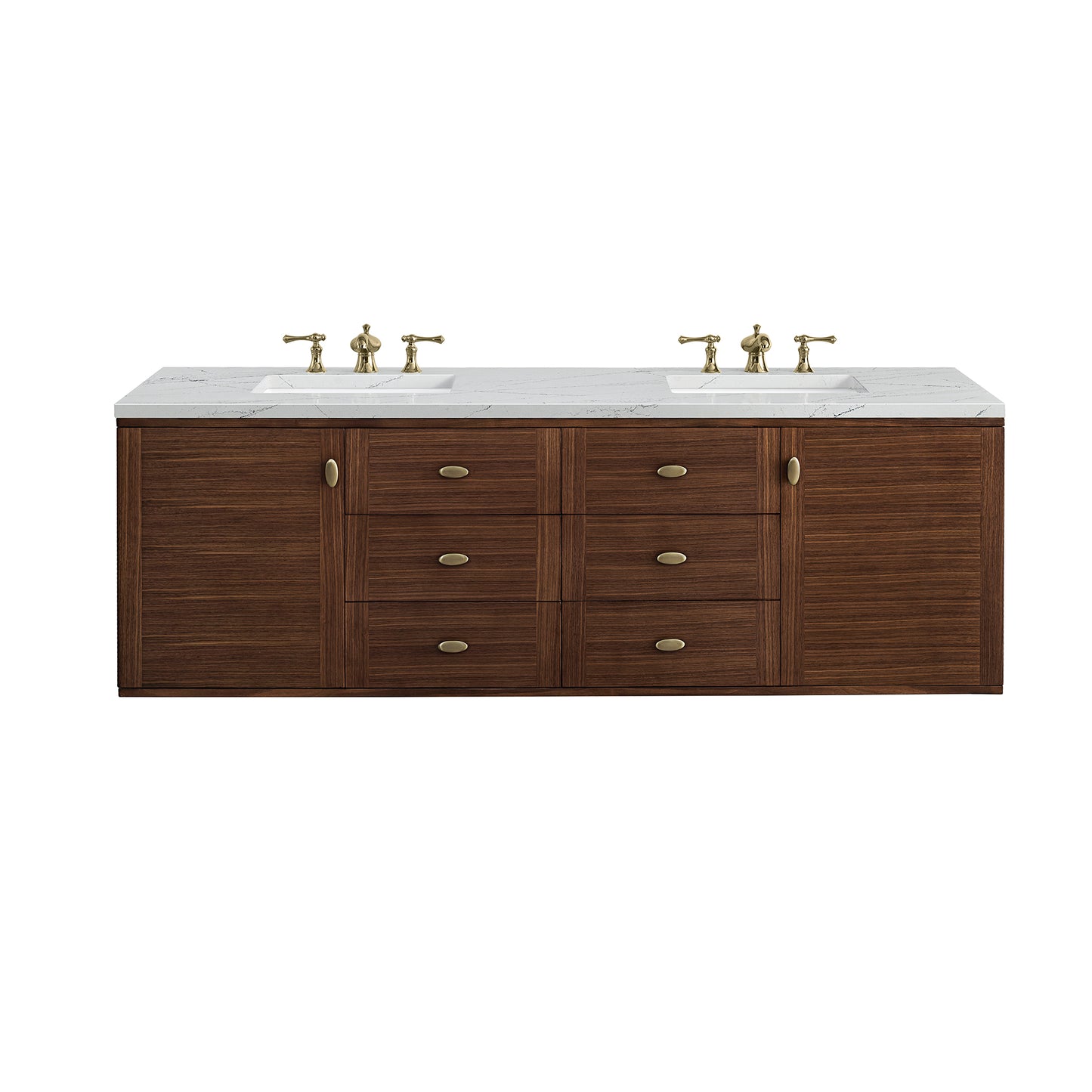 James Martin Vanities Amberly 72" Mid-Century Walnut Double Vanity With 3 cm Ethereal Noctis Top and FreePower Wireless Charger