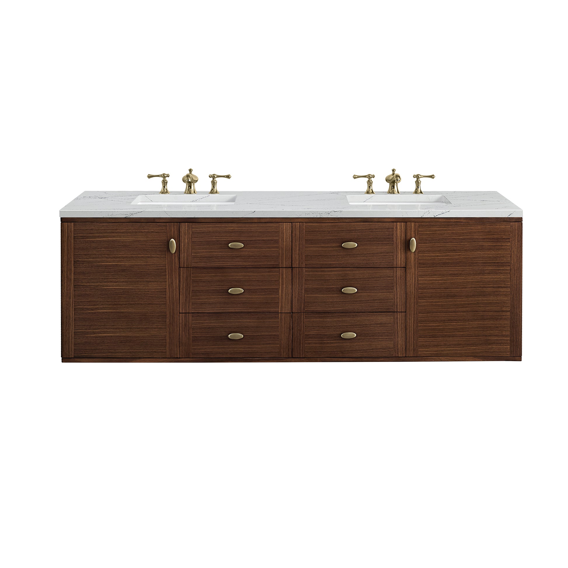 James Martin Vanities Amberly 72" Mid-Century Walnut Double Vanity With 3 cm Ethereal Noctis Top and FreePower Wireless Charger
