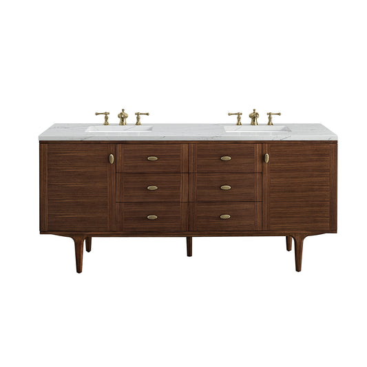 James Martin Vanities Amberly 72" Mid-Century Walnut Double Vanity With 3 cm Ethereal Noctis Top and FreePower Wireless Charger