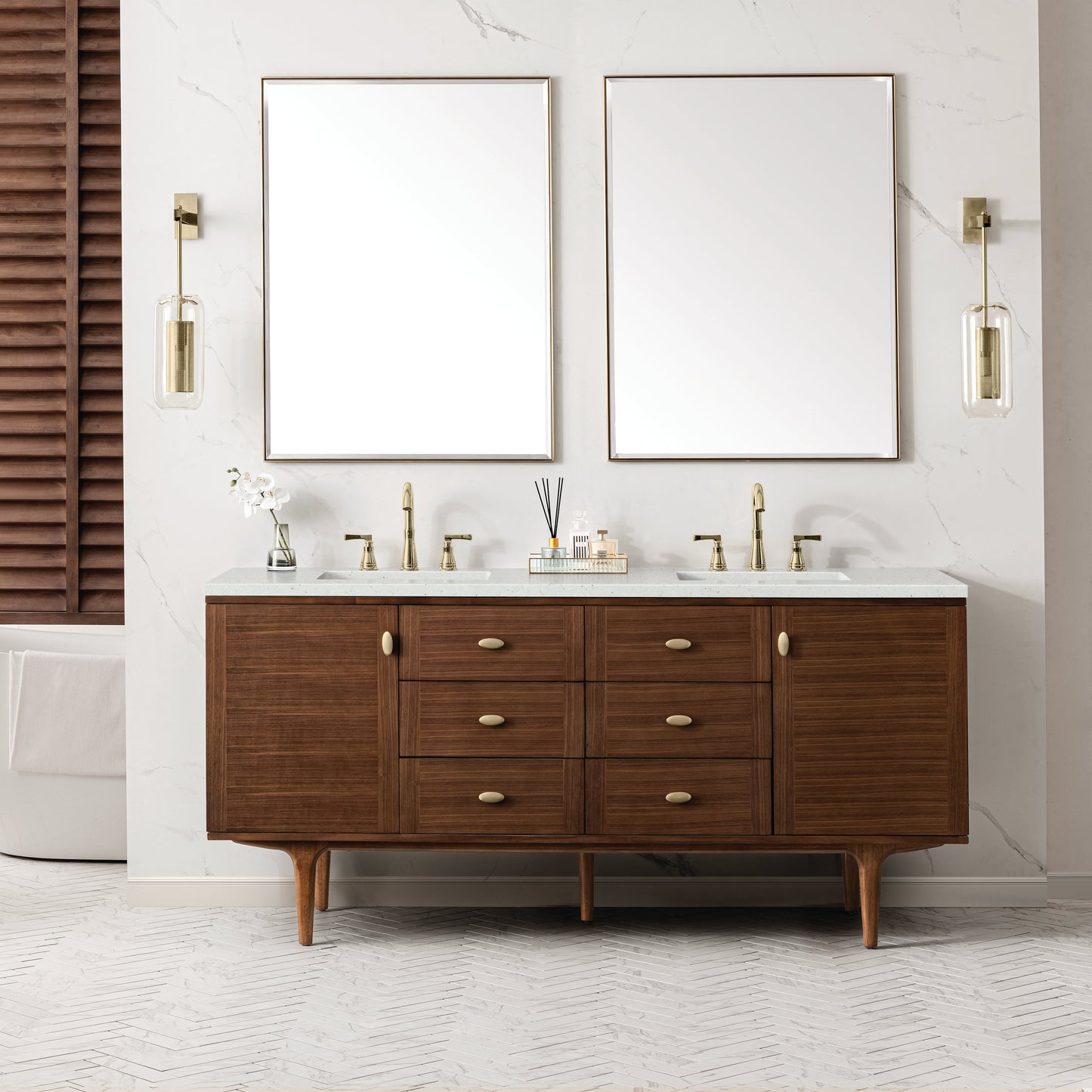 James Martin Vanities Amberly 72" Mid-Century Walnut Double Vanity With 3 cm Lime Delight Top